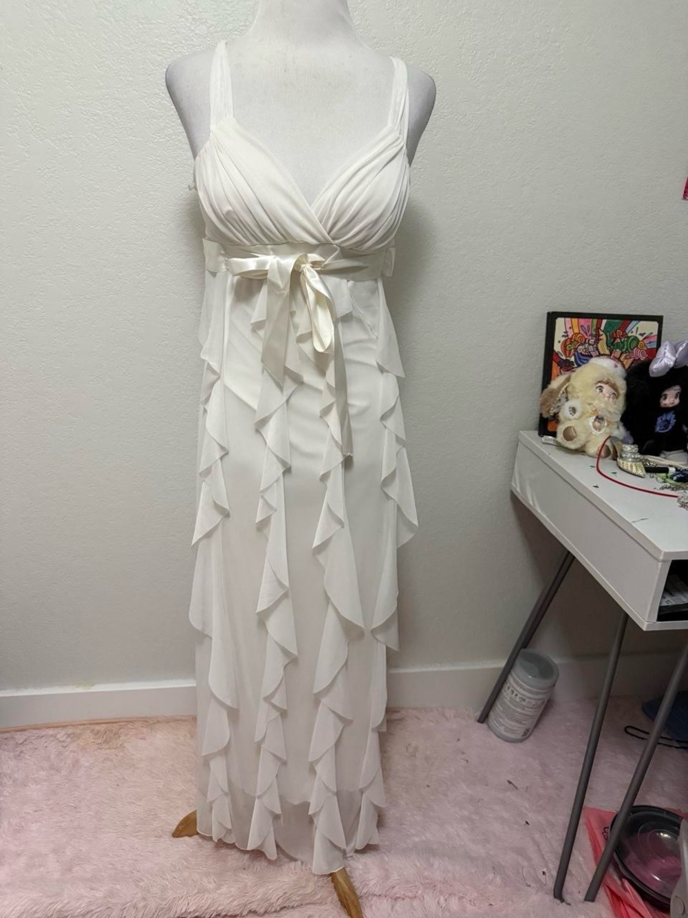 Ivory Ruffle Maxi Dress with Satin Waist Tie